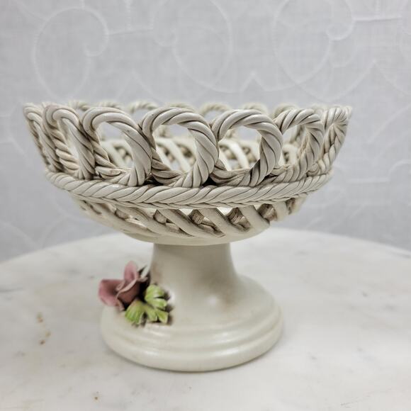 Vintage Capodimonte Pedestal Bowl 4.25" Pink Flower Woven Porcelain Basket - Picture 8 of 16